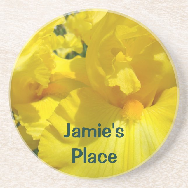 Custom Name coaster Yellow Iris Flowers (Front)