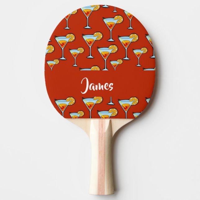 Custom name cocktail glasses on red ping pong paddle (Front)