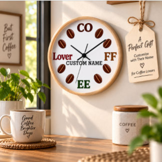 Custom Name Coffee Lover Wood Frame Wall Clock