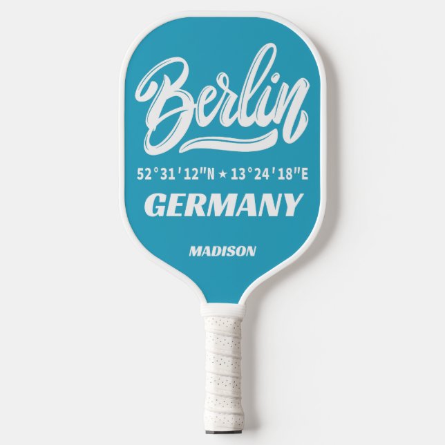 Custom Name & Color Berlin Germany Coordinates Pickleball Paddle (Front)
