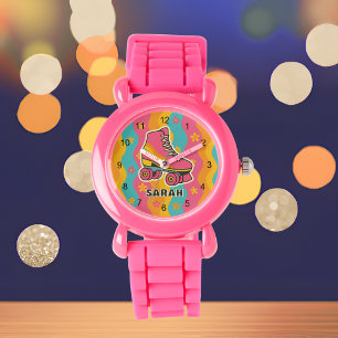 Custom Name Colorful Roller Skating Girl Kids Watch
