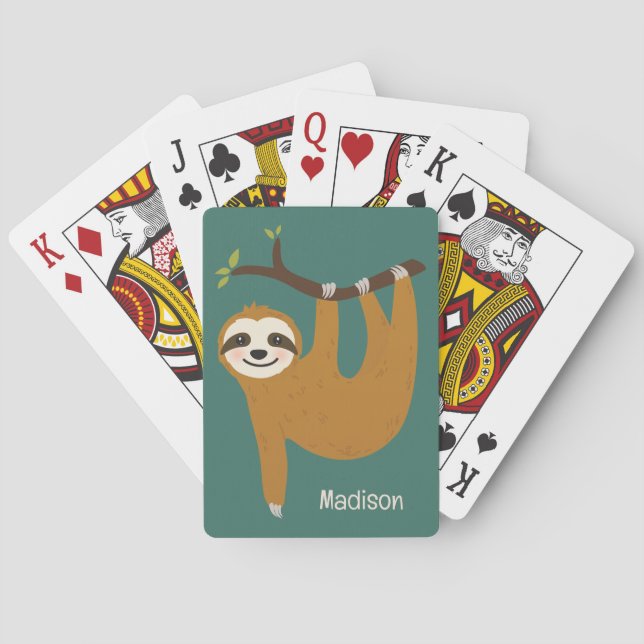 Custom Name & Colour Cute Sloth Playing Cards (Back)