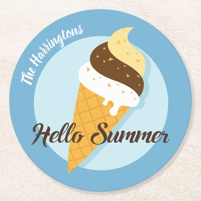 Custom name & colour Ice Cream Hello paper coaster (Front)