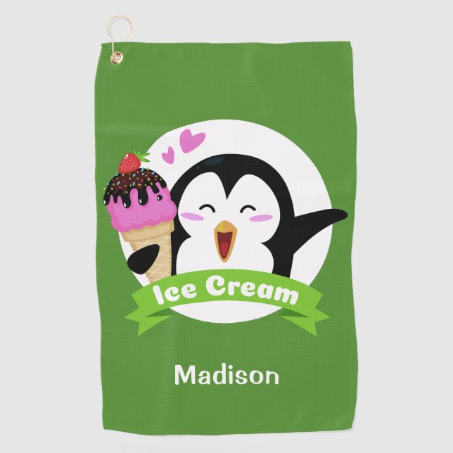 Custom name & colour Ice Cream Penguin golf towel (Front)