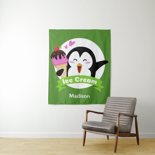 Custom name & colour Ice Cream Penguin tapestry (In Situ)