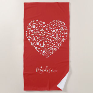 Custom name & colour Musical Heart beach towel