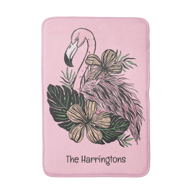 Custom Name & Colour Pink Flamingo Bath Mat (Front Vertical)