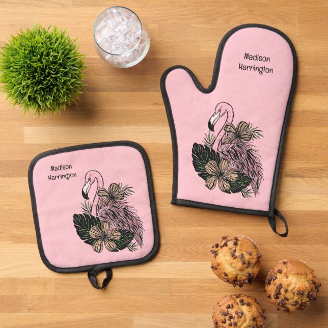 Custom Name & Colour Pink Flamingo Oven Mitt & Pot Holder Set (Top Down)