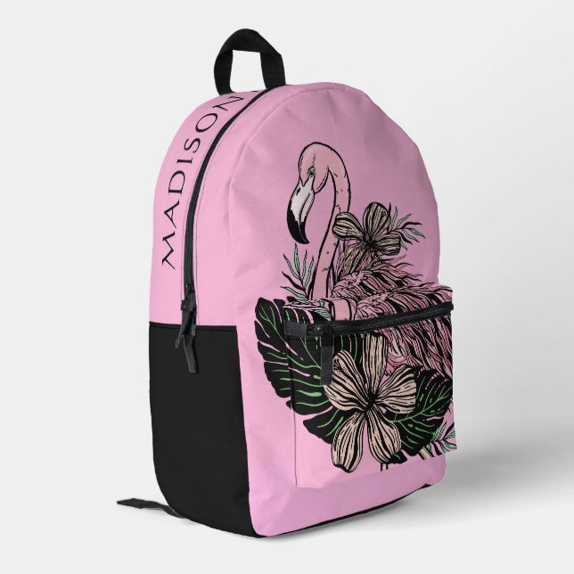 Custom Name & Colour Pink Flamingo Printed Backpack (Back Corner Left)