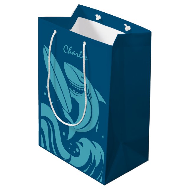 Custom name & colour Surfer Shark gift bag (Back Angled)