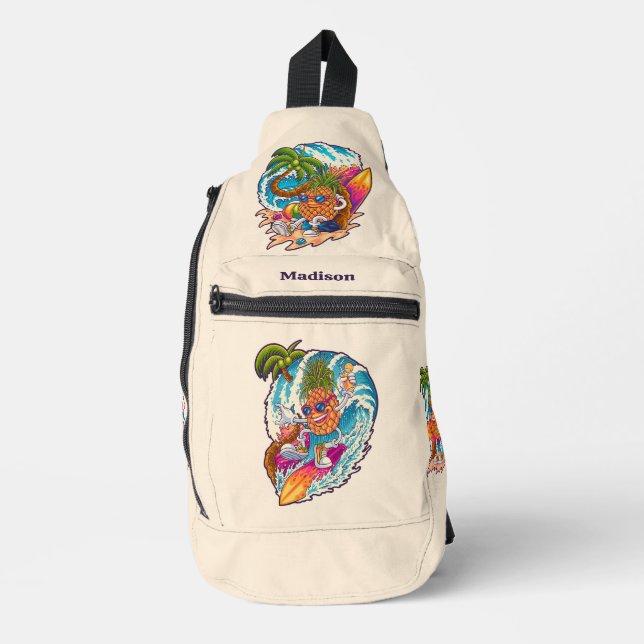Custom Name & Colour Surfing Pineapple Sling Bag (Front)