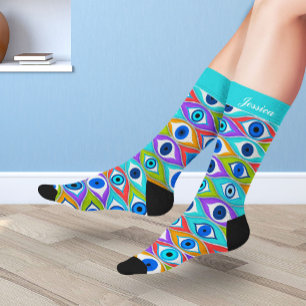 Custom name - Colourful Evil Eye pattern   Socks