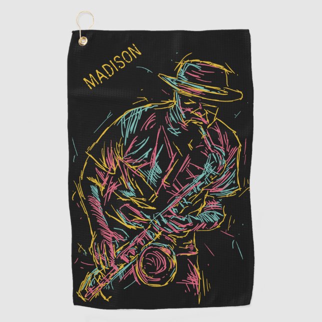 Custom name Colourful Jazz Player Golf Towel (Front)