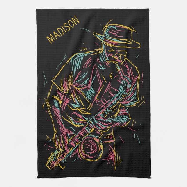 Custom name Colourful Jazz Player Tea Towel (Vertical)