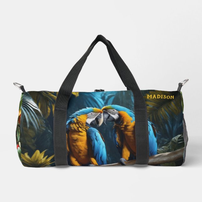 Custom Name Colourful Parrots Duffle Bag (Front)