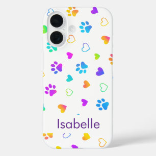 Custom Name Colourful Paw Print Pattern iPhone 16 Case