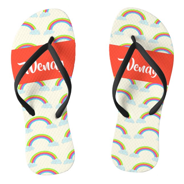 Custom name colourful rainbows and clouds jandals (Footbed)