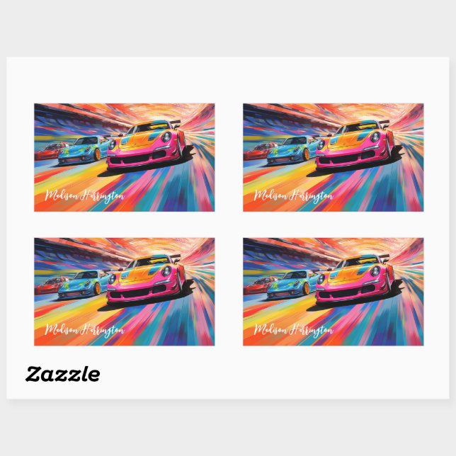 Custom Name Colourful Sportscars Rectangular Sticker (Sheet)