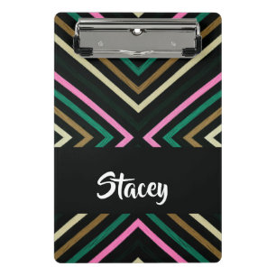 Custom name colourful stripes on black mini clipboard
