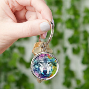 Custom Name Colourful Stylised Wolf Head Key Ring