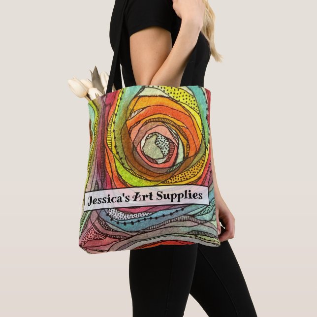 Custom Name Colourful Watercolor Circles Tote Bag (Close Up)