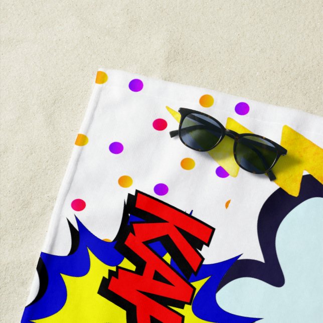 Custom Name Comic Speech Bubbles Personalised Beach Towel (In Situ)