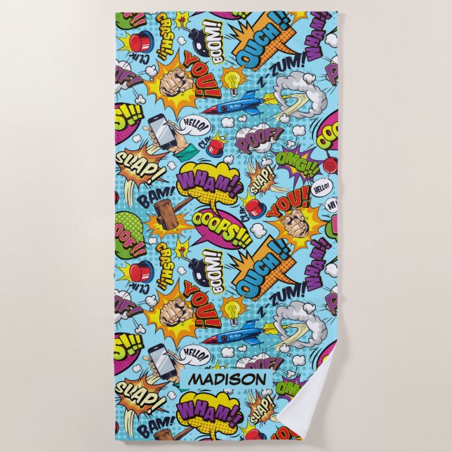 Custom Name Comics Pattern Beach Towel (Front)