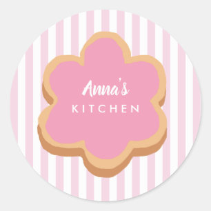 Custom Name Cookie Pink Stripe Kitchen Classic Round Sticker