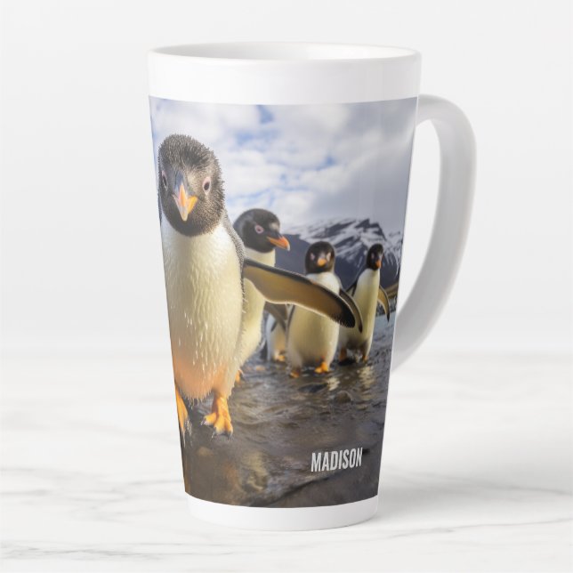 Custom Name Cool Penguins Latte Mug (Right Angle)