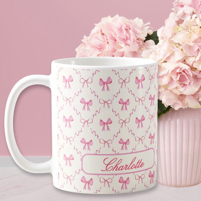 Custom Name Coquette Pink Bow Coffee Mug (cute personalized gift for girls, pink coquette bow mug with custom name in script calligraphy)