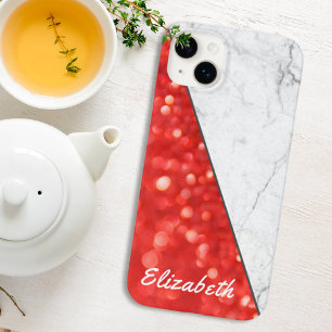 Custom Name Coral Glitter Black White Marble Case-Mate iPhone 14 Plus Case