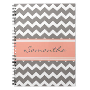 Custom Name Coral Grey Chevron Notebook