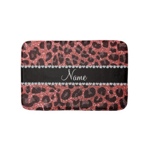 Custom name coral pink glitter leopard print bath mat