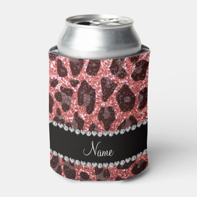 Custom name coral pink glitter leopard print can cooler (Can Front)