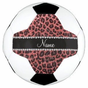 Custom name coral pink glitter leopard print soccer ball