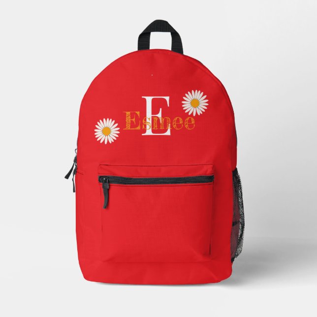 custom name coral red backpack with daisy (Front)