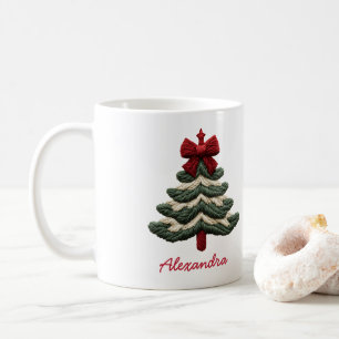 Custom Name Cosy Rustic Embroidered Christmas Tree Coffee Mug