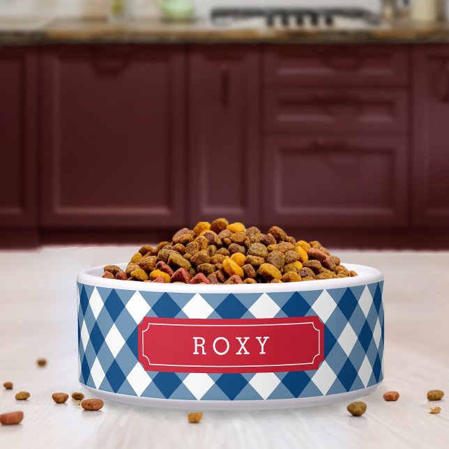 Custom Name Country Blue Gingham Red Label Bowl (Creator Uploaded)