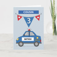 Custom Name Cousin 3rd Birthday Blue Police Car