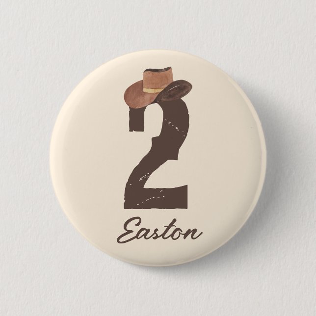 Custom Name Cowboy Hat 2 Two 2nd Second Birthday 6 Cm Round Badge (Front)