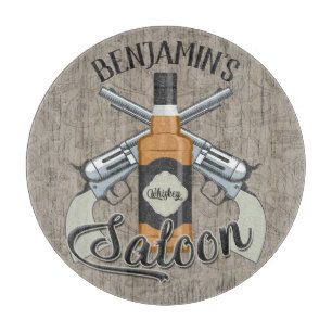 Custom NAME Cowboy Revolver Gun Whiskey Saloon Cutting Board