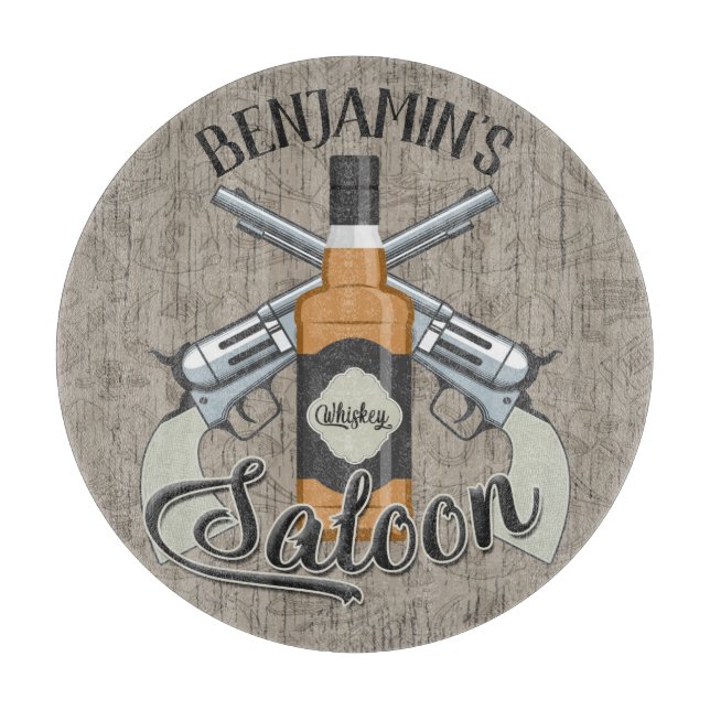 Custom NAME Cowboy Revolver Gun Whiskey Saloon Cutting Board (Front)