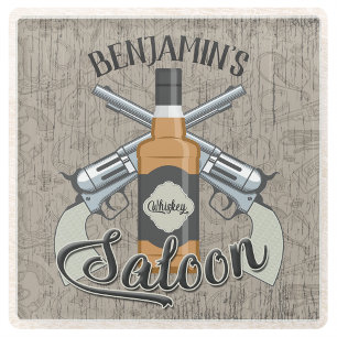 Custom NAME Cowboy Revolver Gun Whiskey Saloon Glass Coaster
