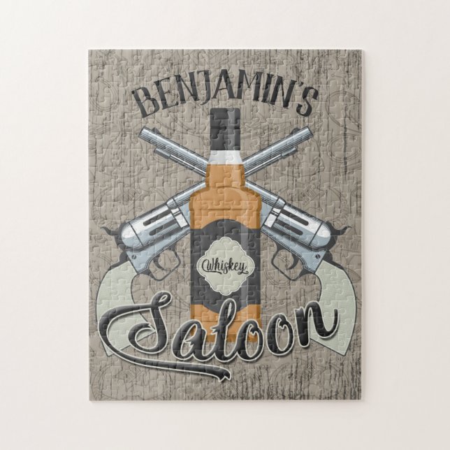 Custom NAME Cowboy Revolver Gun Whiskey Saloon Jigsaw Puzzle (Vertical)