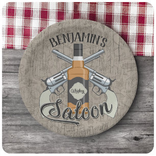Custom NAME Cowboy Revolver Gun Whiskey Saloon Paper Plate