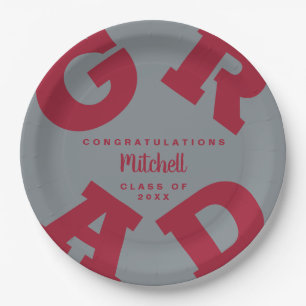 Custom Name Crimson Red and Grey Graduation Paper Plate