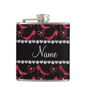 Custom name crimson red glitter high heels bow hip flask