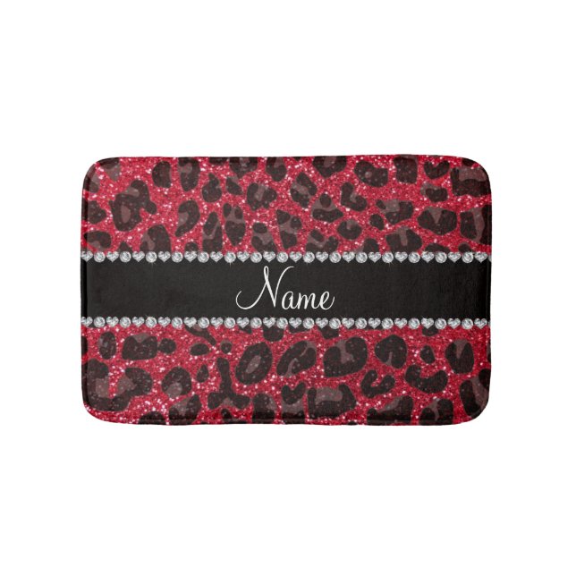 Custom name crimson red glitter leopard print bath mat (Front)