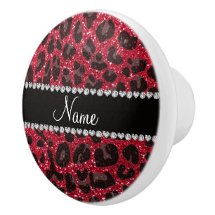 Custom name crimson red glitter leopard print ceramic knob