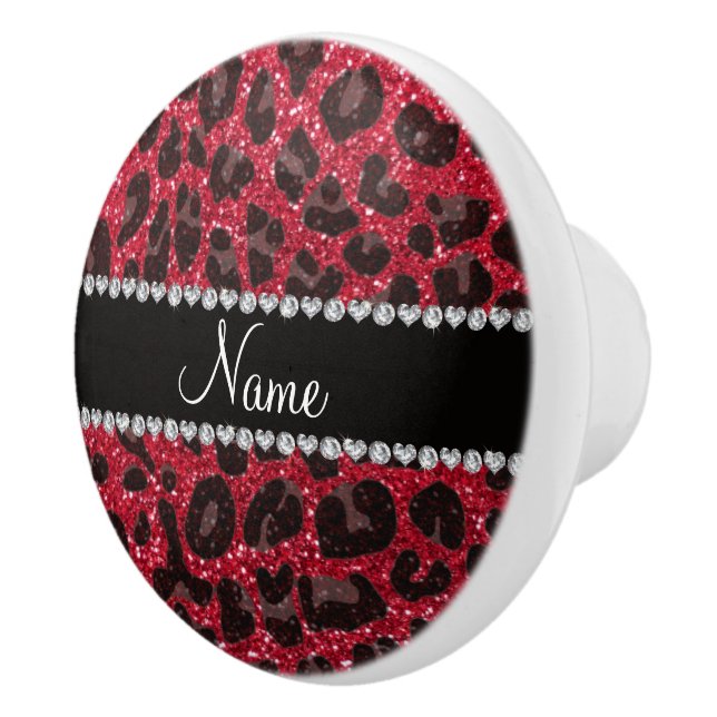 Custom name crimson red glitter leopard print ceramic knob (Right)